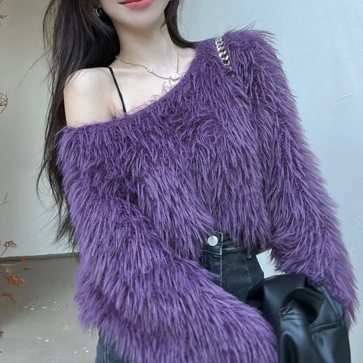 Cropped women's sweater with fluffy texture and off-the-shoulder design Lune London
