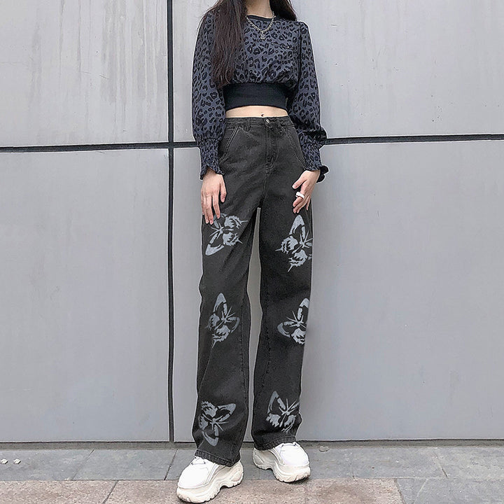 Ladies wide jeans with eye-catching butterfly print Lune London