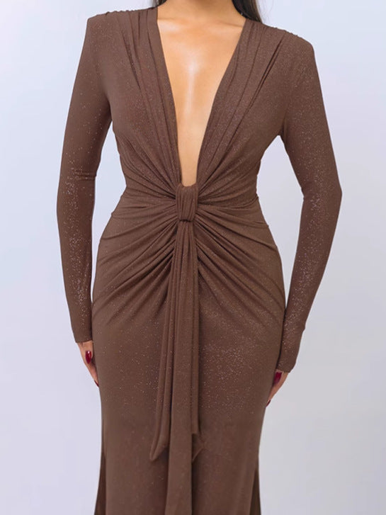 Ladies Elegant Wrap Dress with Deep V-Neck and Chic Fitted Design