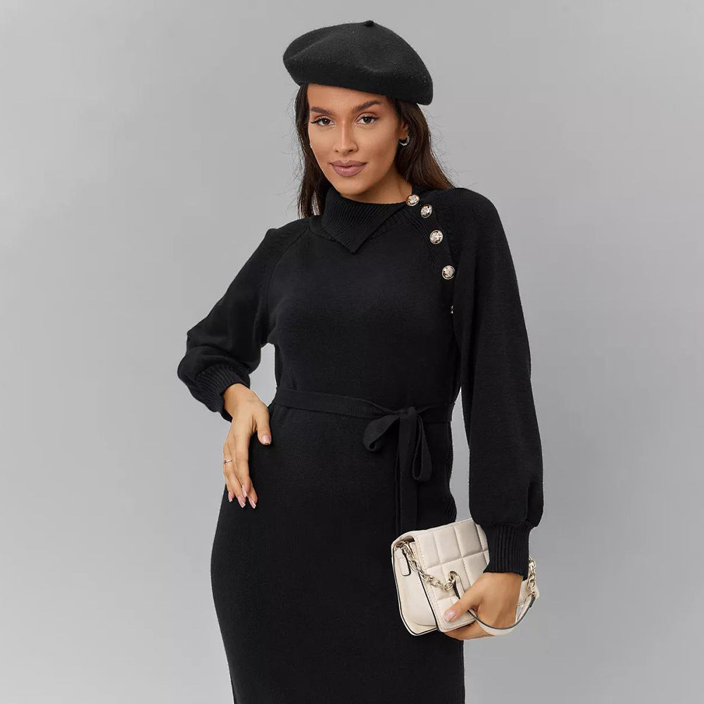 Knit dress for women with fitted belt and decorative button details Lune London
