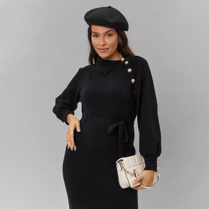 Knit dress for women with fitted belt and decorative button details Lune London
