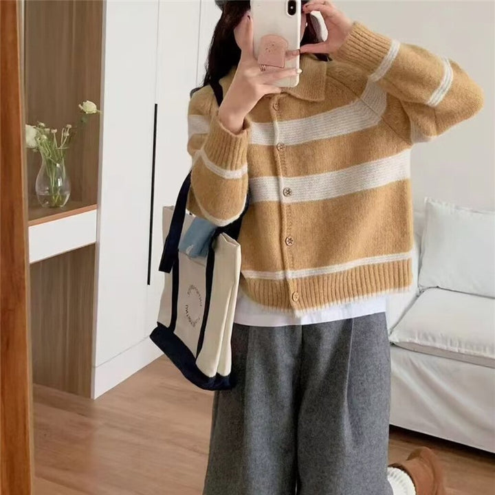 Ladies fashionable knitted cardigan with stylish stripes and wooden buttons Lune London