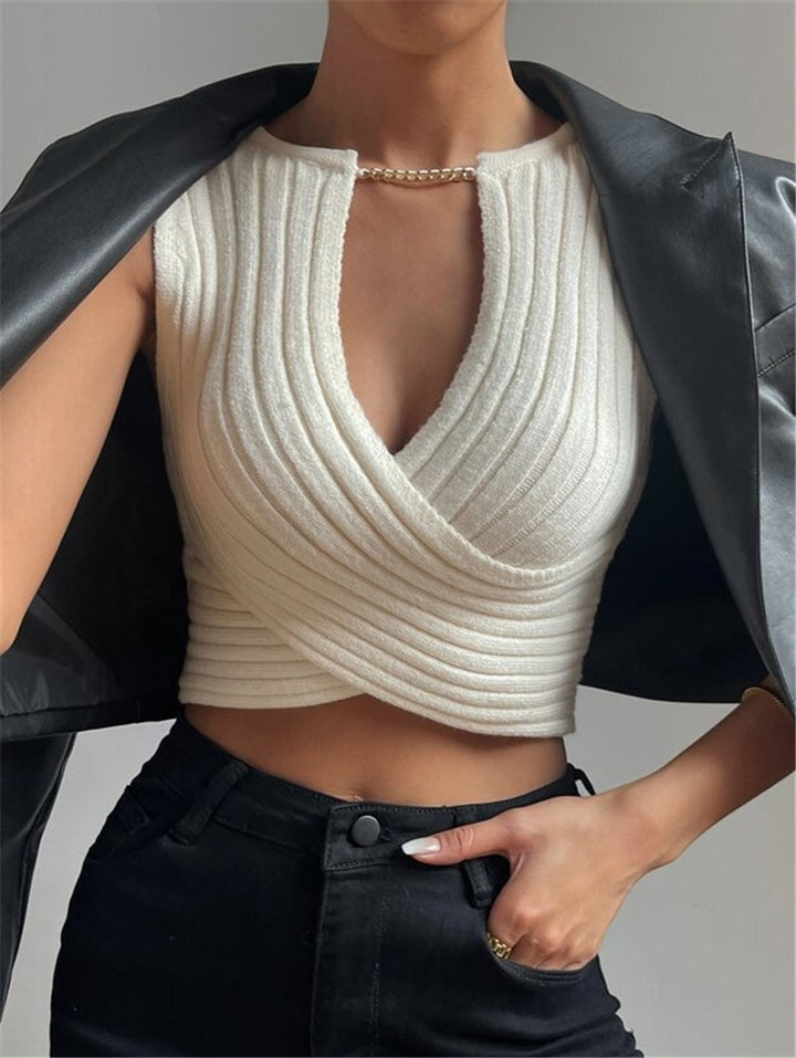 Ladies short knit top with elegant wrap design Lune London
