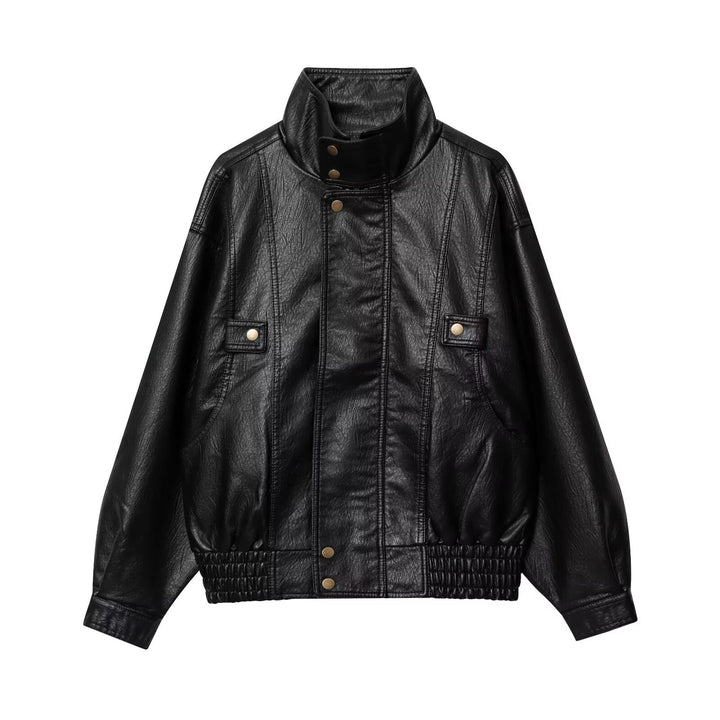 Women’s faux leather jacket with high collar and practical button details Lune London