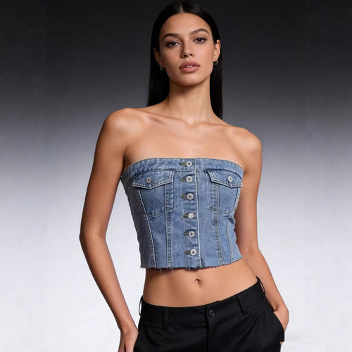 Women Denim Bustier Top with Button Detail and Fringes Lune London