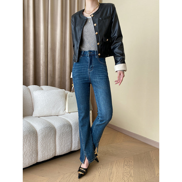 Ladies fashionable faux leather jacket with diagonal cuts Chic & Stil