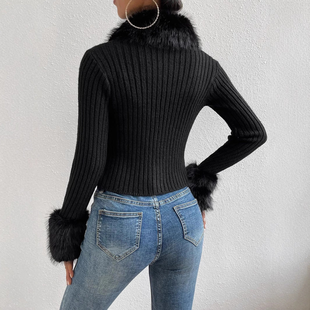 Trendy knitted sweater for women with a fluffy collar and chic and stylish sleeve finishes