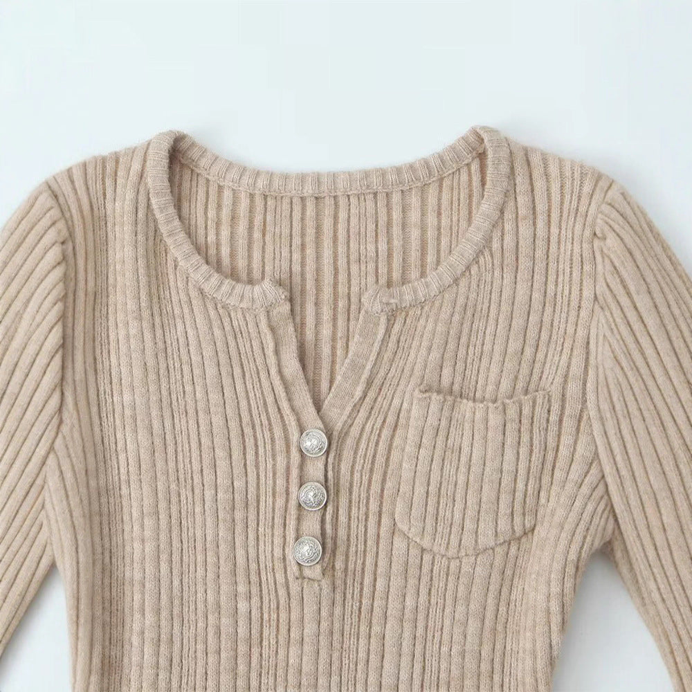 Women Long Sleeve T-shirt with Structured Round Rib Design and Elegant Button Details Lune London