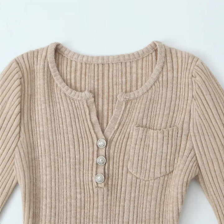 Women Long Sleeve T-shirt with Structured Round Rib Design and Elegant Button Details Lune London