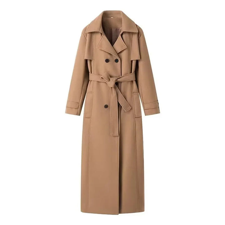 Elegant trench coat for women with shoulder pads and waist belt Lune London