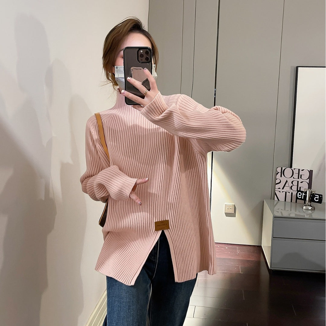 Ladies Modern Knit Sweater with High Collar and Chic Asymmetrical Cut