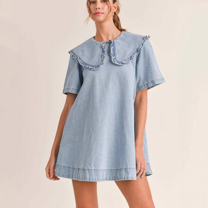 denim dress for women with voluminous collar and ruffle details Chic & Stil