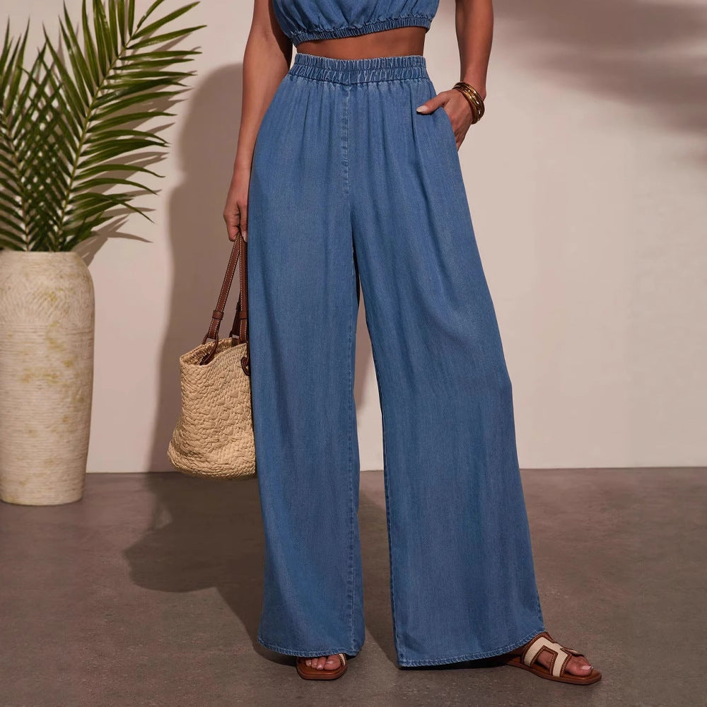 Women's Casual Oversized Jeans Set with Knotted Top and Wide Legs