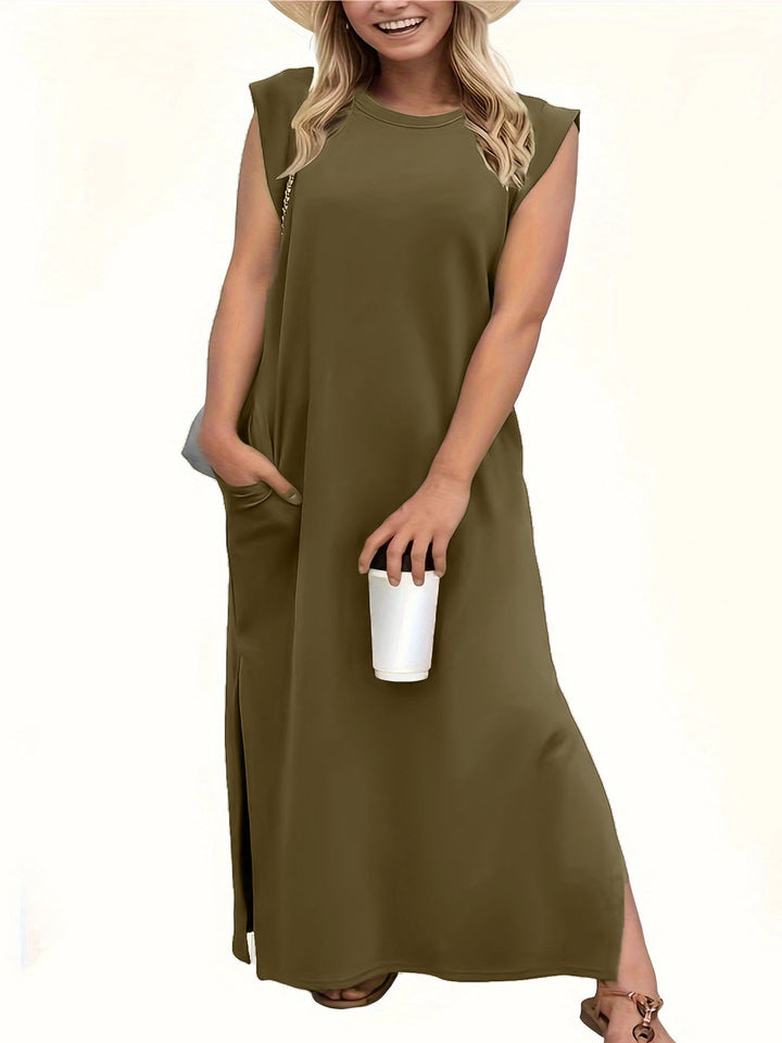 Maxi dress for women with clean lines and modern details on the shoulders Lune London