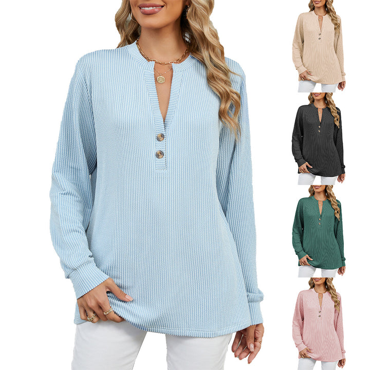 Long sleeve women's t-shirt with a trendy Henley neckline and structured ribbed texture Lune London