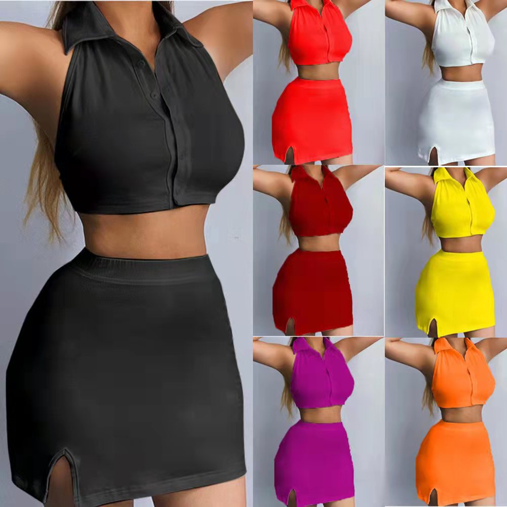 Cropped blouse for women with button placket and fitted skirt Lune London