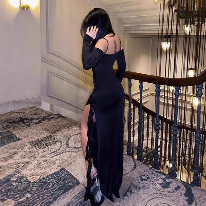 Ladies Elegant Long Maxi Dress with Long Sleeves, Asymmetrical Hem and Ruffle Details Lune London