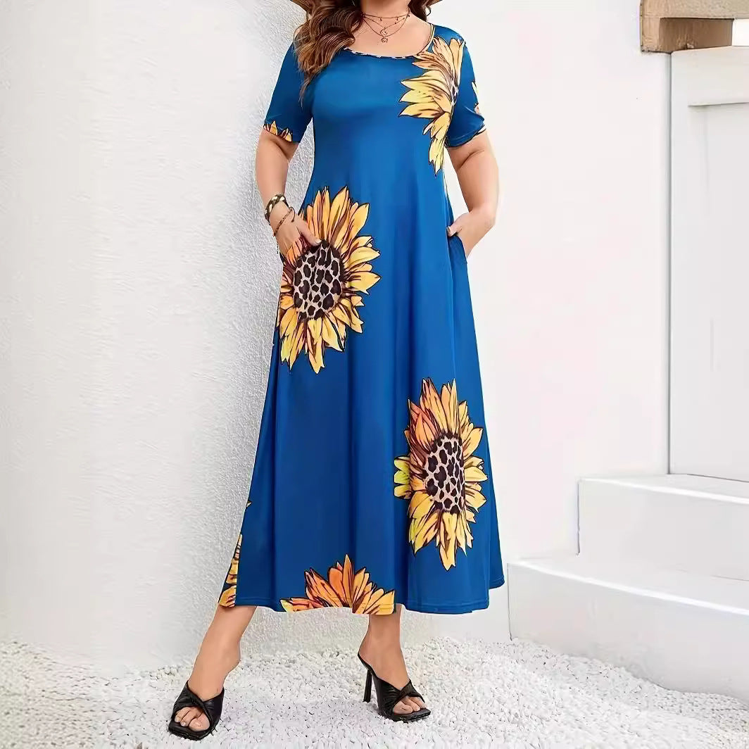 Summer maxi dress for women with sunflower floral pattern and practical pockets Lune London