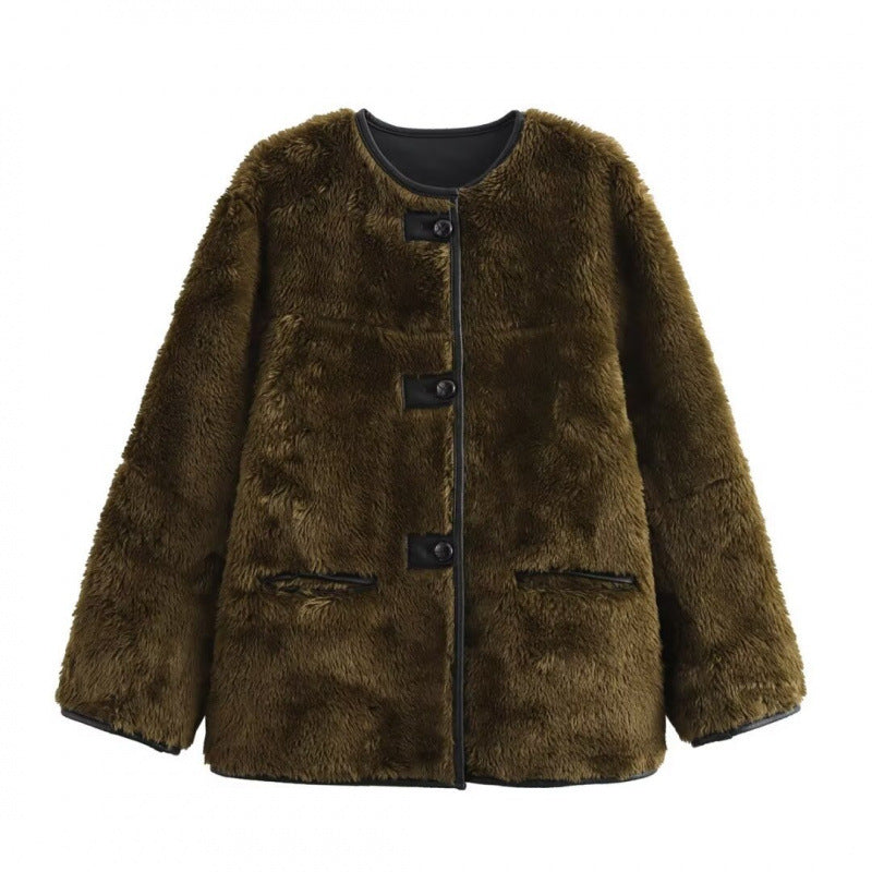 Teddy jacket for women with contrasting pockets and Lune London button details