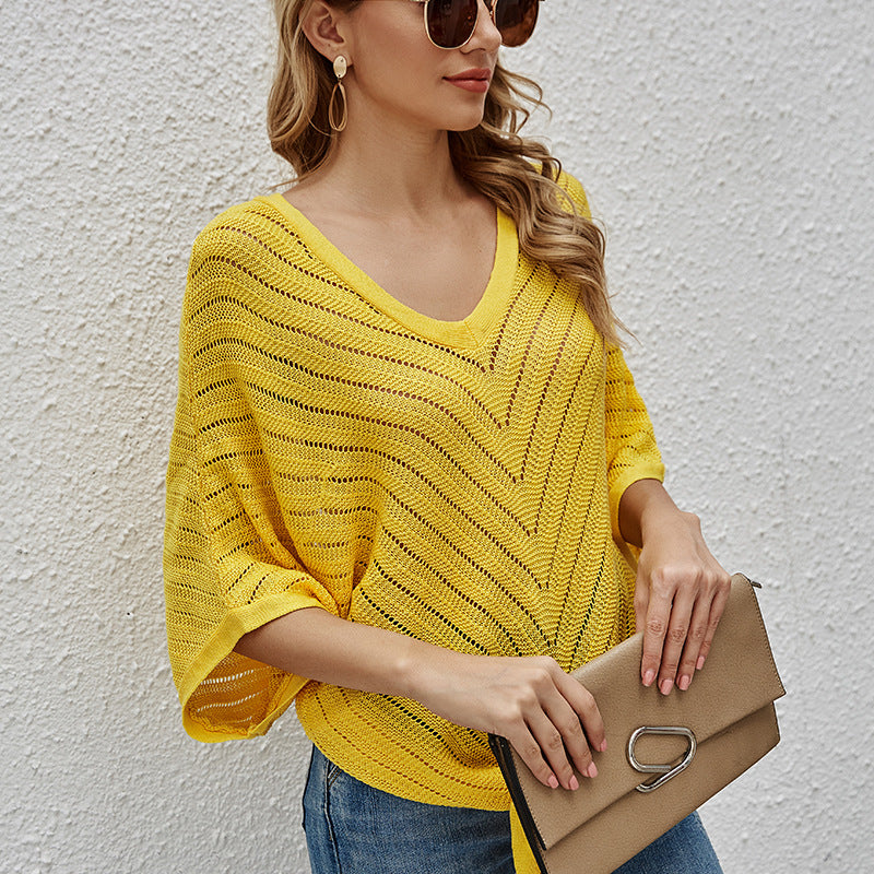 Ladies airy knit top with deep V-neck and asymmetrical hem Lune London