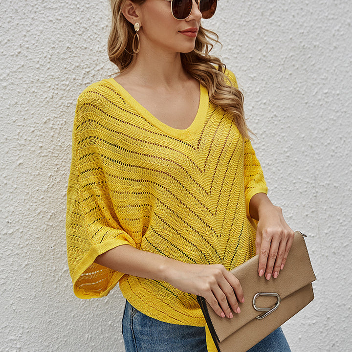 Ladies airy knit top with deep V-neck and asymmetrical hem Lune London