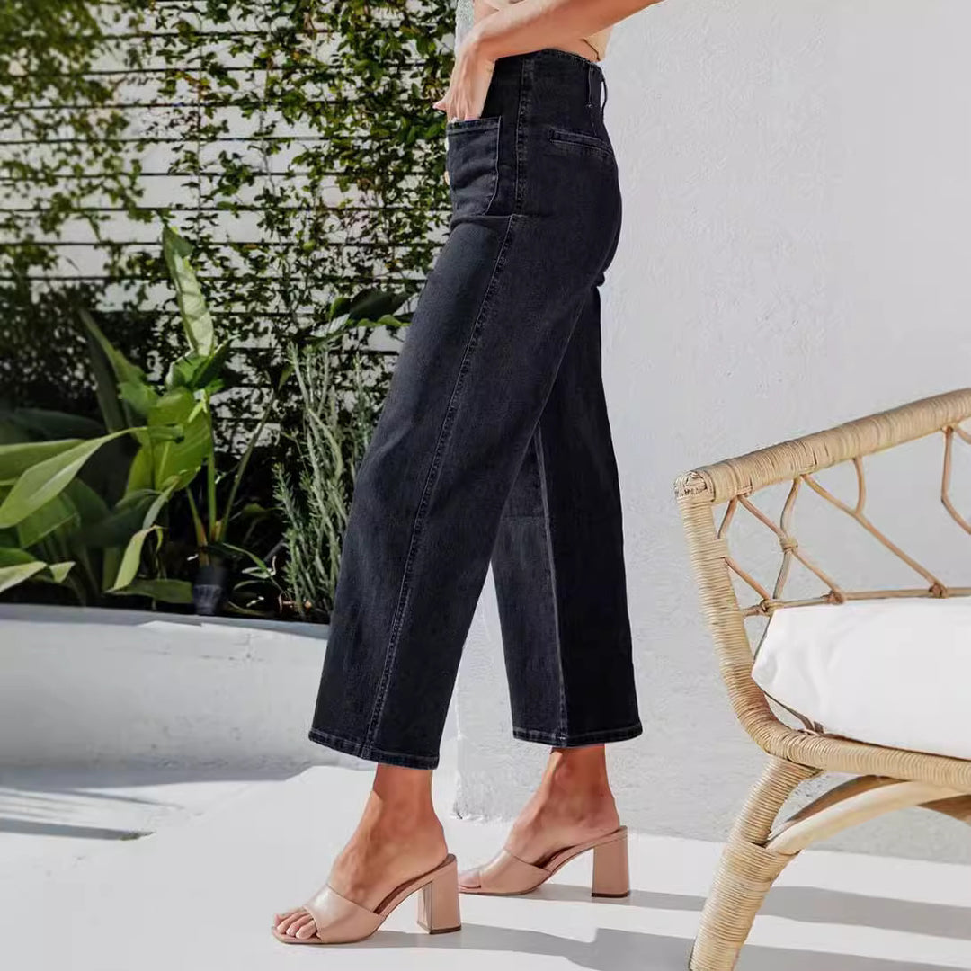Women's High-Waist Jeans with Button Detail and Wide Leg Lune London
