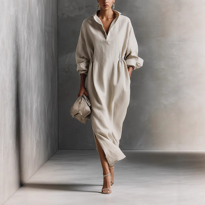 Women's stylish midi dress with tie belt and classic collar Lune London