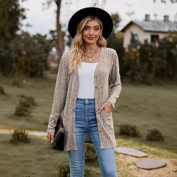 Women’s casual knit cardigan with button details and practical pockets Lune London