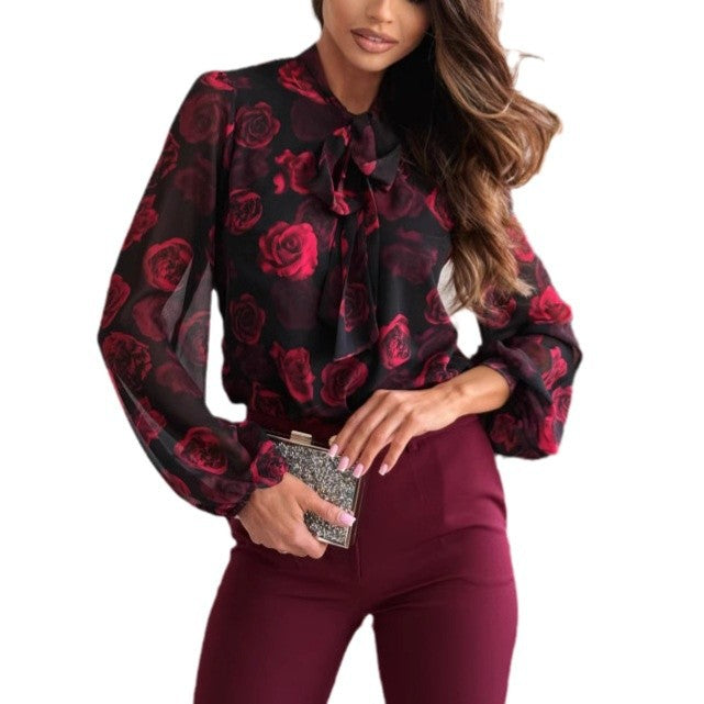 Transparent blouse for women with floral design and elegant knot collar Lune London
