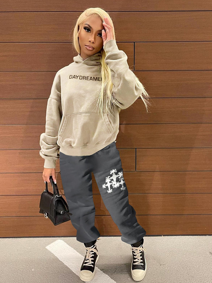 Casual hoodie and jogging pant set for women with modern inscription Lune London