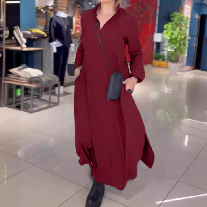 Elegant Lady long shirt dress with practical side pockets and chic collar