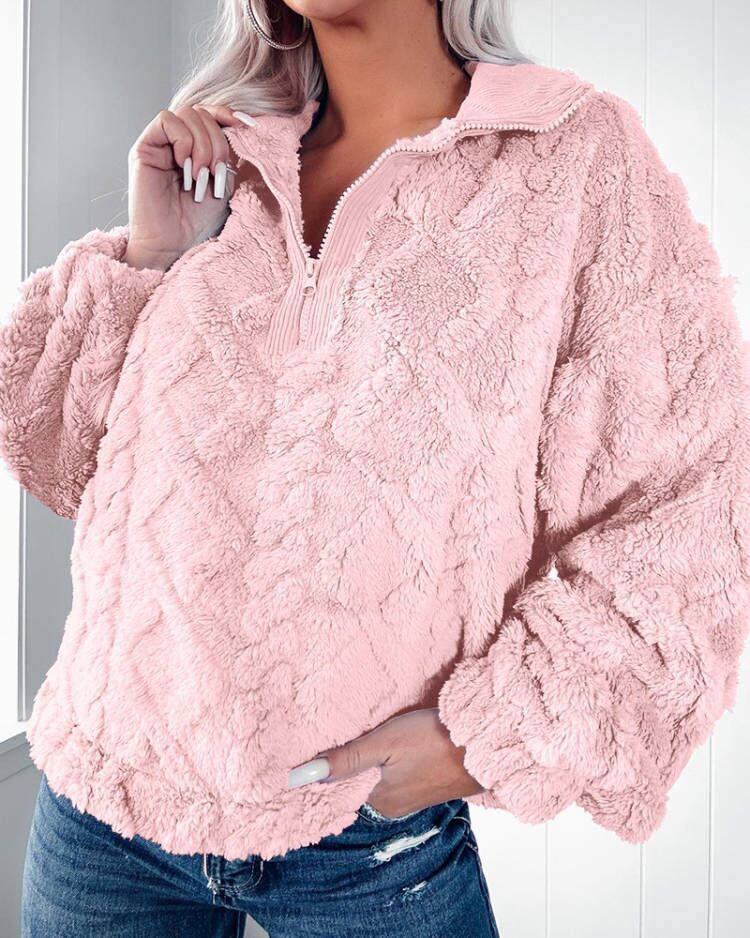 Cozy fleece sweater for women with half-zip and puff sleeves Lune London