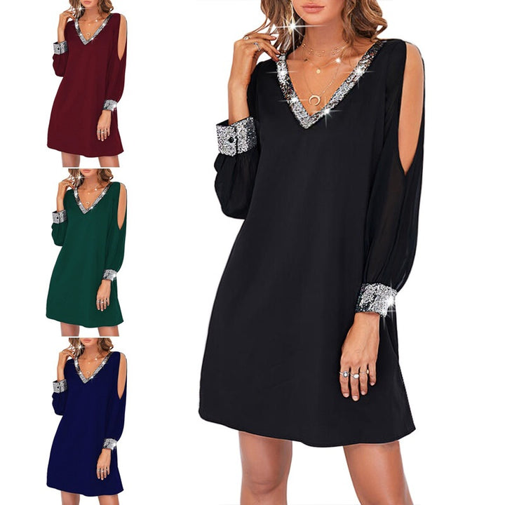 Elegant minimal dress for women with off-shoulder design and sparkling sleeves Lune London
