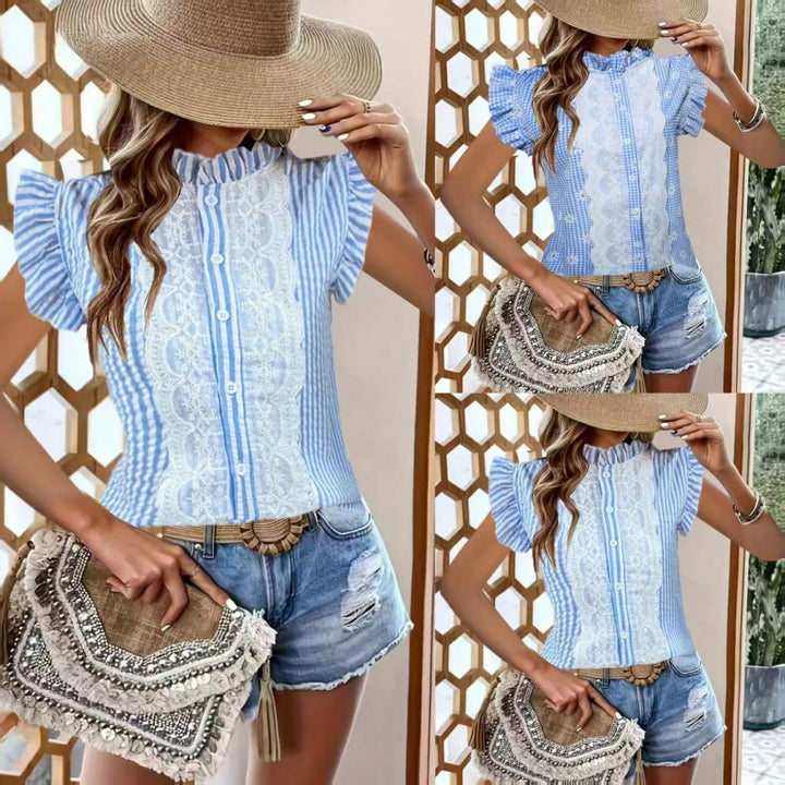 Checkered button-up blouse with ruffled collar for women Lune London