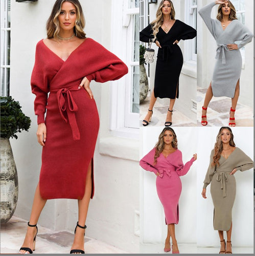 Knit dress for women with wrap effect and side slit Lune London