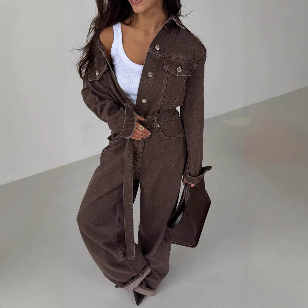 Robe en jean à manches longues pour femmes avec une coupe cintrée et une ceinture amovible Chic & Stil