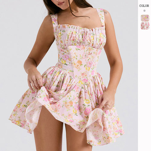 Summer Mini Dress for Women with Floral Accents and Ruched Body Chic & Stylish