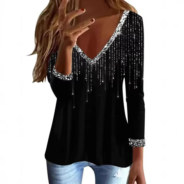 Ladies Glittering V-Neck Sweater with Elegant Rhinestone Details Chic & Stil
