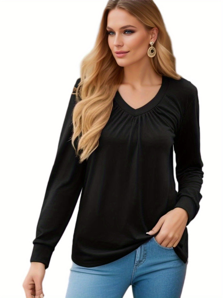 Woman long sleeve V-neck t-shirt with elegant draping and a relaxed fit Lune London