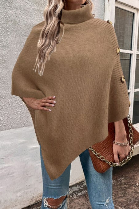 Ladies knitted poncho with high collar and button details Lune London