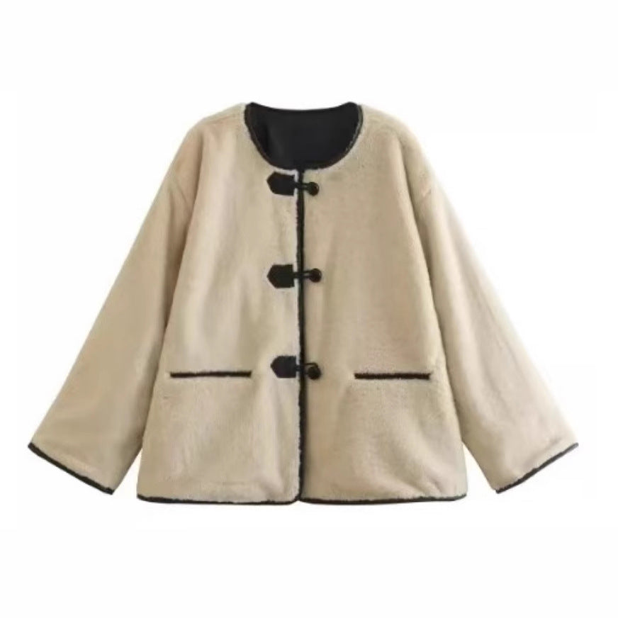 Ladies Comfortable Teddy Jacket with Contrast Button Details and Pockets Lune London