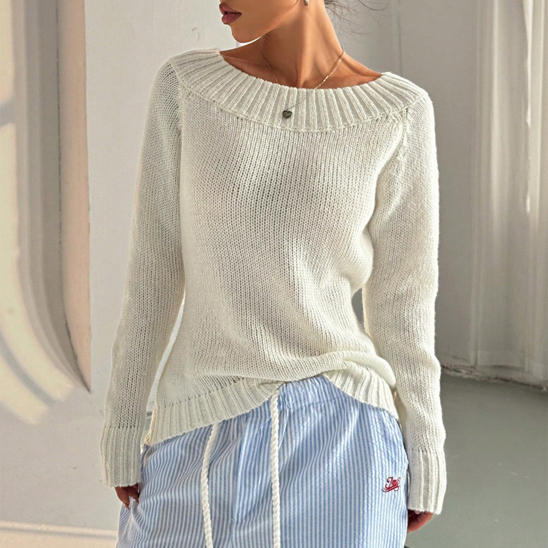 Off-the-shoulder knit sweater for women with textured knit pattern Lune London