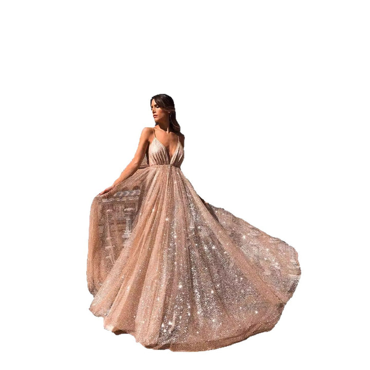 Ladies Glamorous Evening Dress with Deep V-Neck and Shining Sequins Lune London