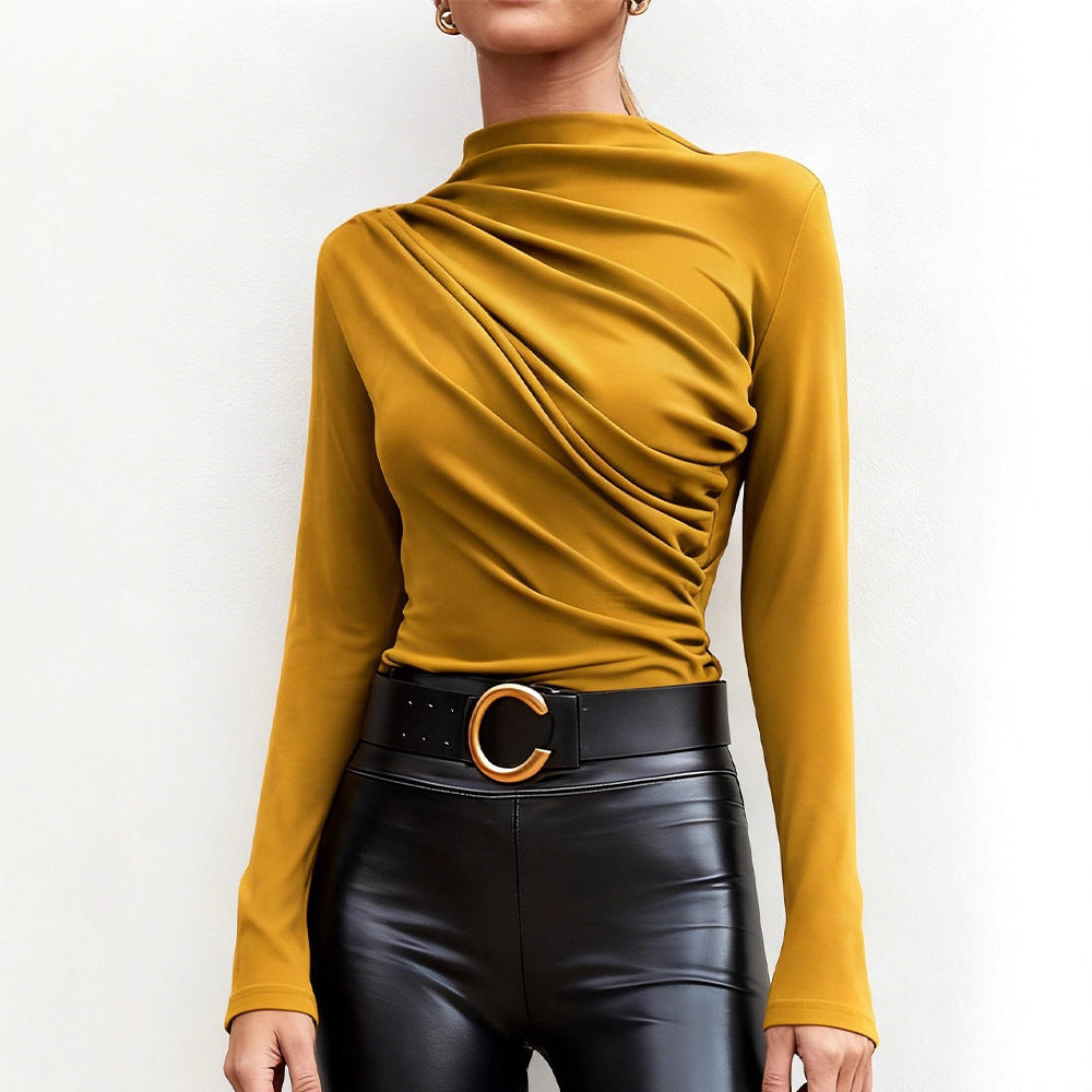 Ladies elegant long sleeve shirt with luxurious draping design and chic stand-up collar Lune London