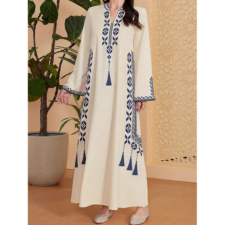 Caftan dress for women with an artistic embroidered design and an elegant V-neck Lune London
