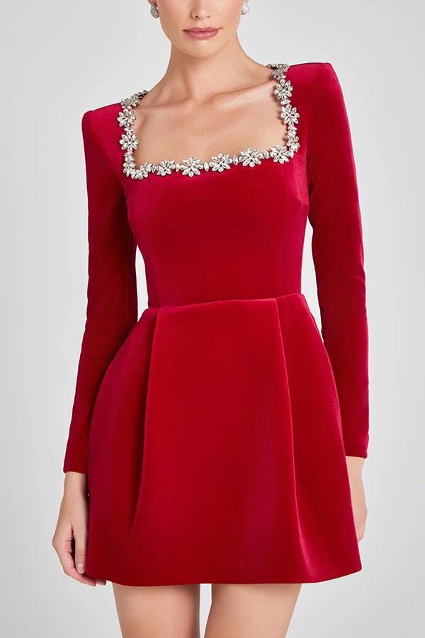 Women Elegant Velvet Dress with Floral Applications and Boat Neck Lune London
