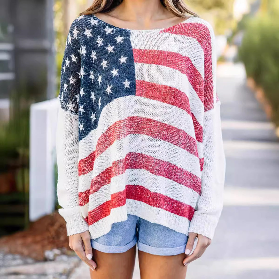Knitted sweater for women with chic and stylish patriotic flag pattern