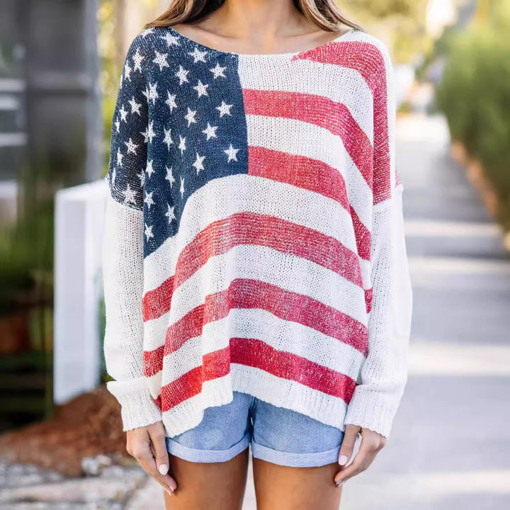 Knitted sweater for women with chic and stylish patriotic flag pattern