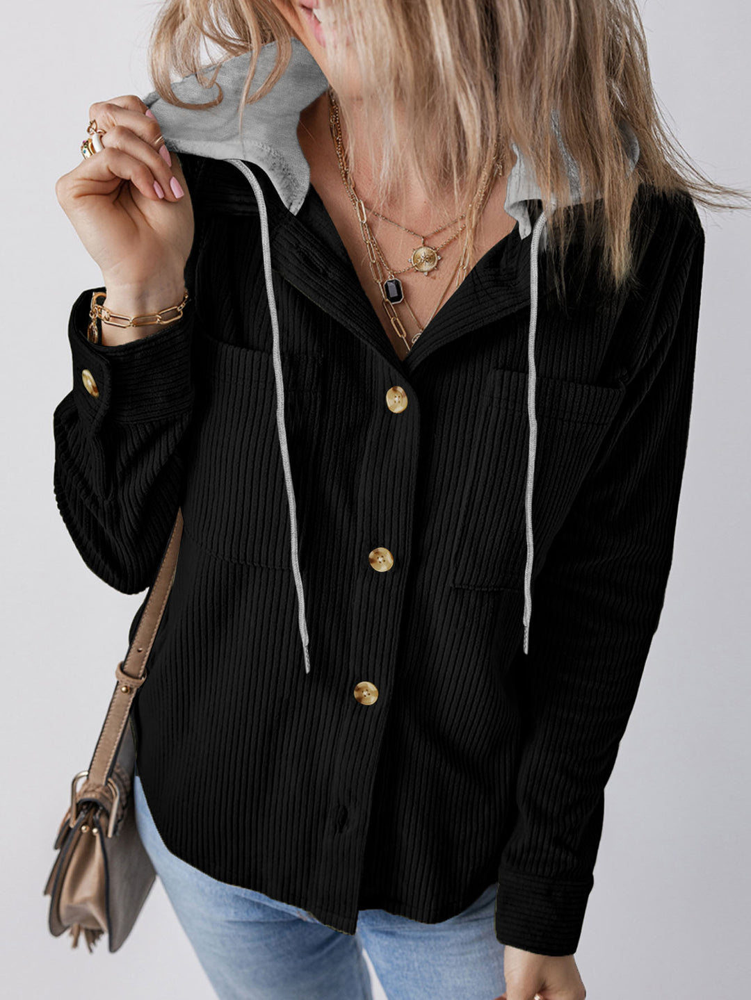 Lune London Women's Flannel Jacket with Hood and Trendy Ribbed Knit Design