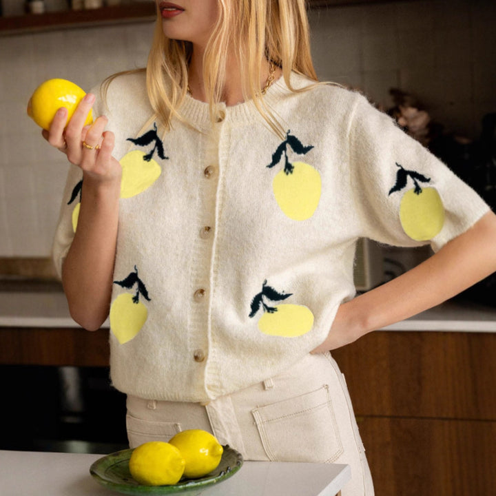 Knitted jacket for women with a cheerful lemon design and a short fit Lune London